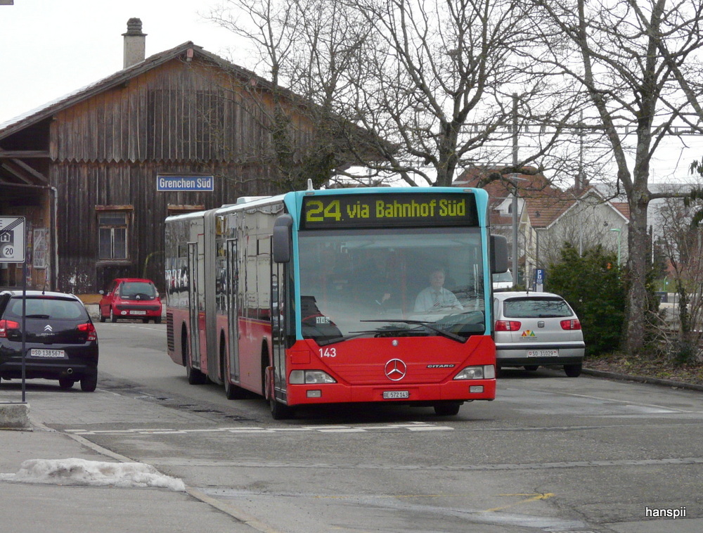 VB - Mercedes Citaro  Nr.143  BE 572143 unterwegs auf der Linie 24 beim Bahnhof Grenchen Sd am 29.01.2013
