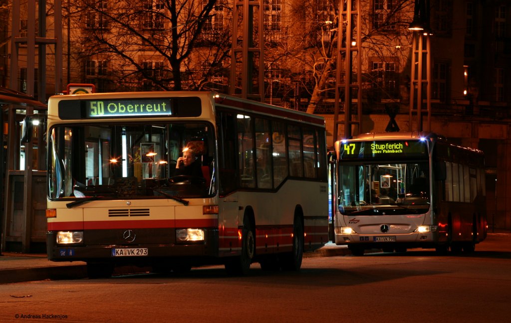 VBK Bus KA-VK 293 als 50 nach Obereut und KA-VK 798 als 47 nach Stupferich ber Palmbach am Hauptbahhnhof in Karlsruhe 13.1.11