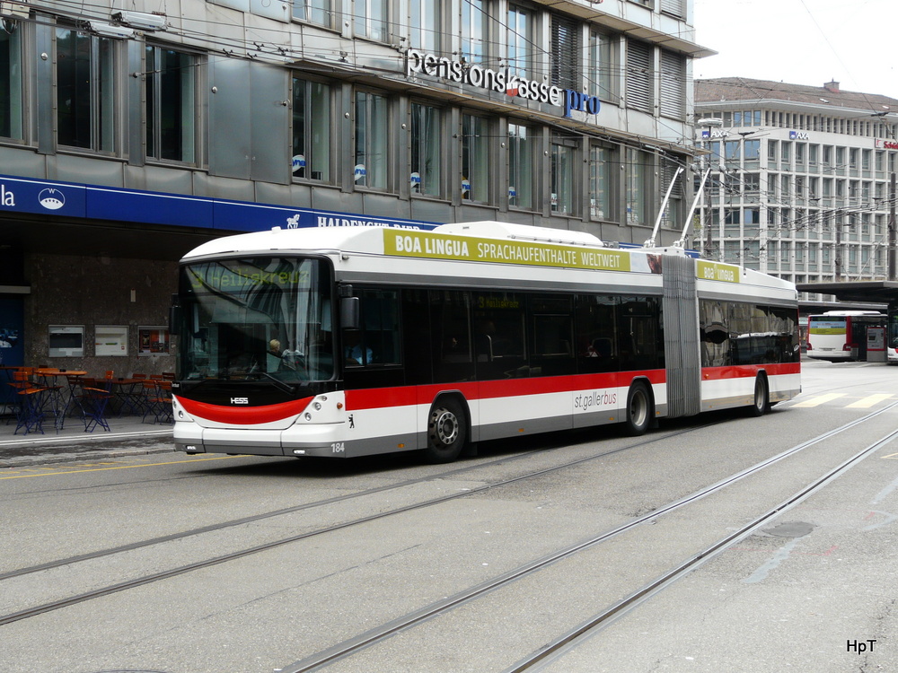 VBSG - Hess-Swisstrolley BGT-N2C  Nr.184 unterwegs beim Bahnhof in St.Gallen am 13.09.2012