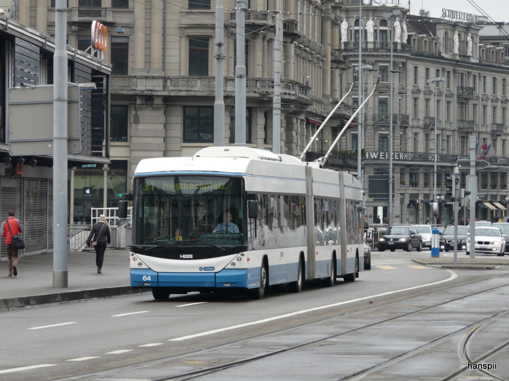 VBZ - Hess Swisstrolley BGGT-N2C Nr.64 unterwegs auf der Linie 31 in Zrich am 21.04.2013