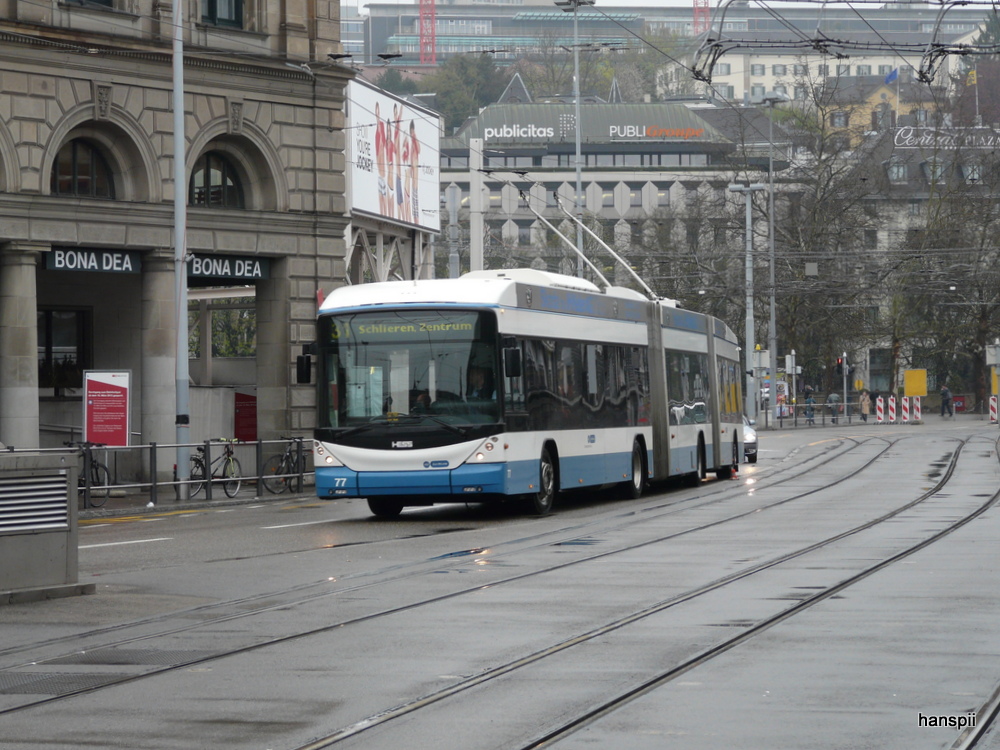 VBZ - Hess Swisstrolley BGGT-N2C Nr.77 unterwegs auf der Linie 31 in Zrich am 21.04.2013