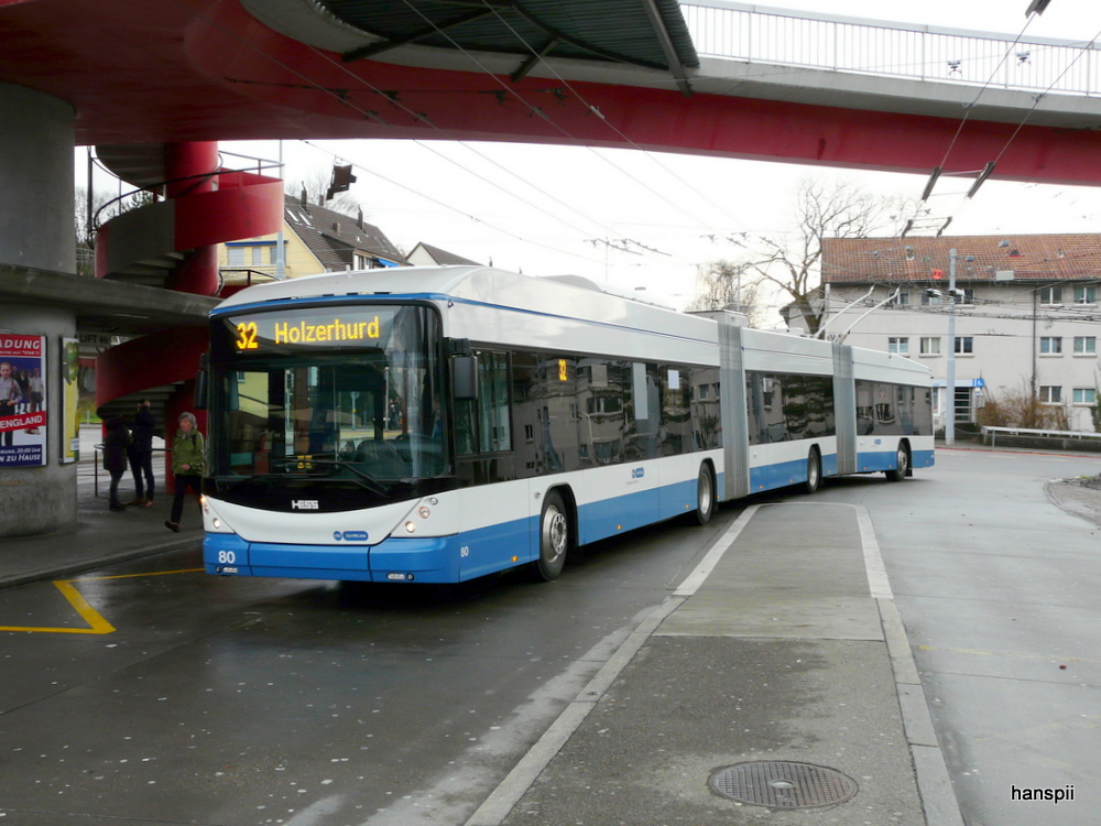 VBZ - Hess-Swisstrolley BGGT-N2C Nr.80 unterwegs auf der Linie 32 in Zrich am 23.12.2012
