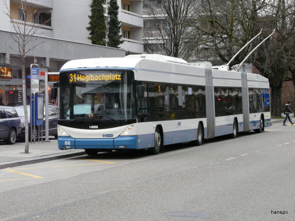 VBZ - Hess-Swisstrolley BGGT-N2C Nr.88 unterwegs auf der Linie 31 in Zrich Altstetten am 01.01.2013