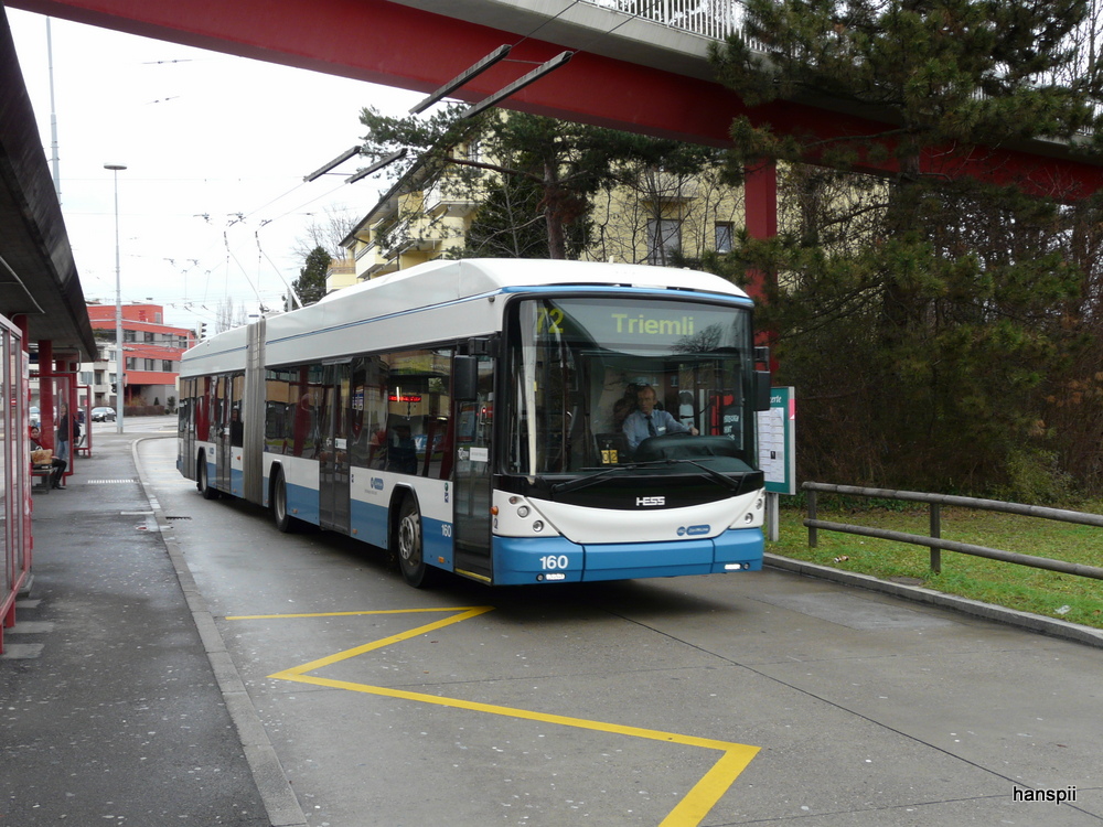 VBZ - Hess-Swisstrolley BGT-N2C  Nr.160 unterwegs auf der Linie 72 in Zrich am 23.12.2012
