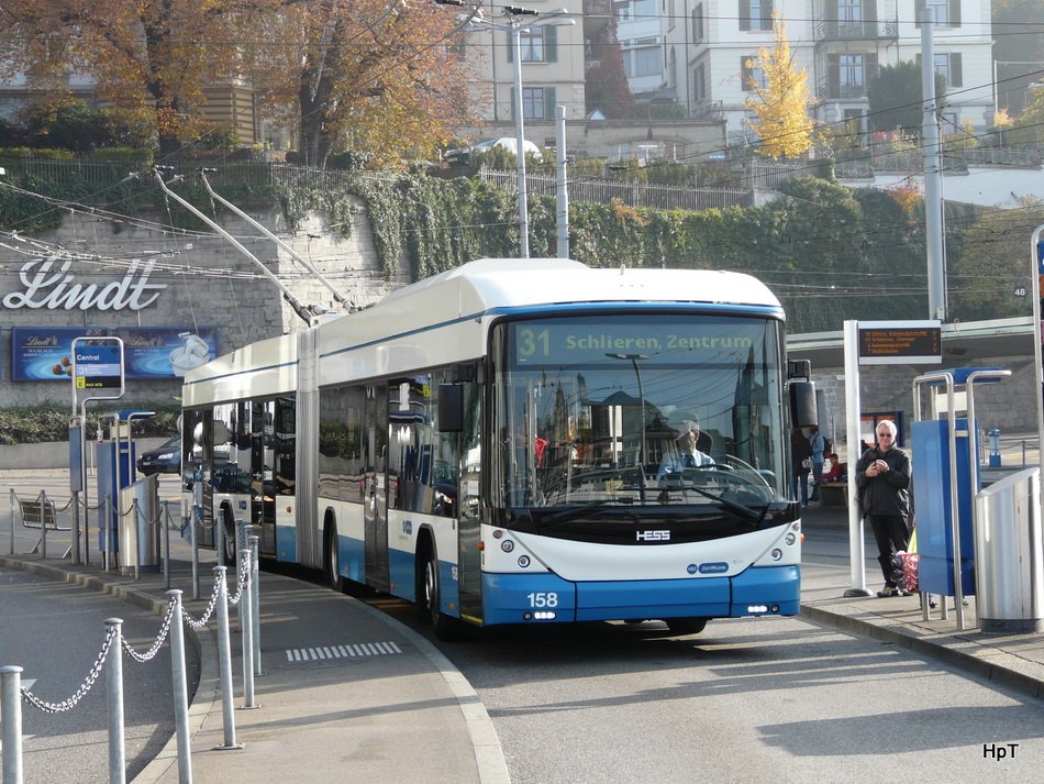 VBZ  - Hess-Swisstrolleybus BGT-N2C Nr.158 unterwegs auf der Linie 31  bei der Haltestelle Central am 01.11.2009