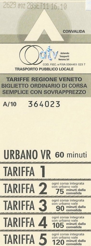 VERONA (Provincia di Verona), 28.09.2011, Einzelticket für eine Fahrt von Verona nach Garda am Gardasee in der Tarifstufe 5 = 4,80 EUR -- Fahrkarte eingescannt