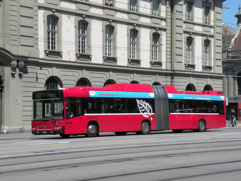 Volvo Bus mit der Betriebsnummer 827 auf der Linie 12 am Bahnhof Bern. Die Aufnahme stammt vom 04.06.2010.