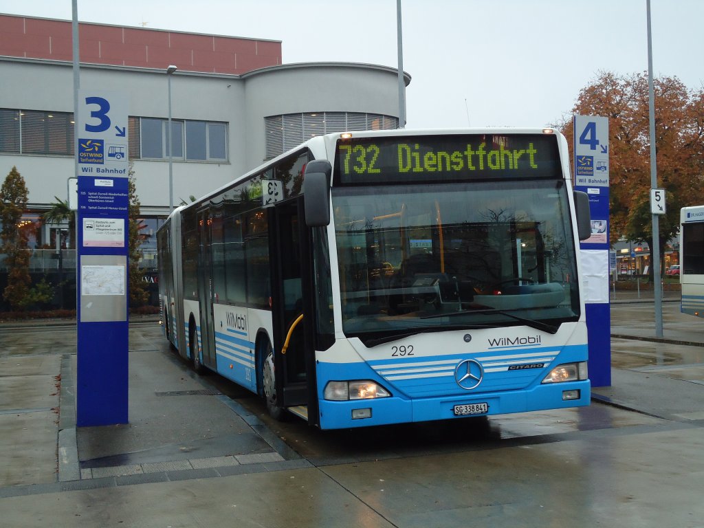 WilMobil, Wil - Nr. 292/SG 338'841 - Mercedes Citaro (ex RTB Altsttten Nr. 1) am 24. Oktober 2012 beim Bahnhof Wil