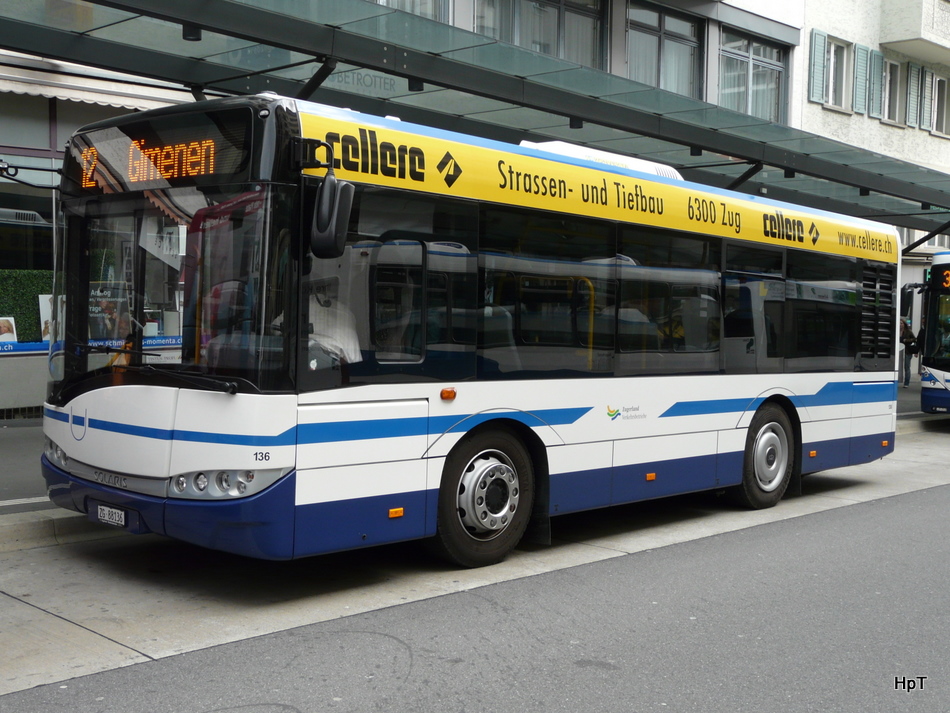 Zugerland - Solaris Urbino 8.6 Nr.136  ZG 88136 unterwegs auf der Linie 12 in Zug am 10.04.2010