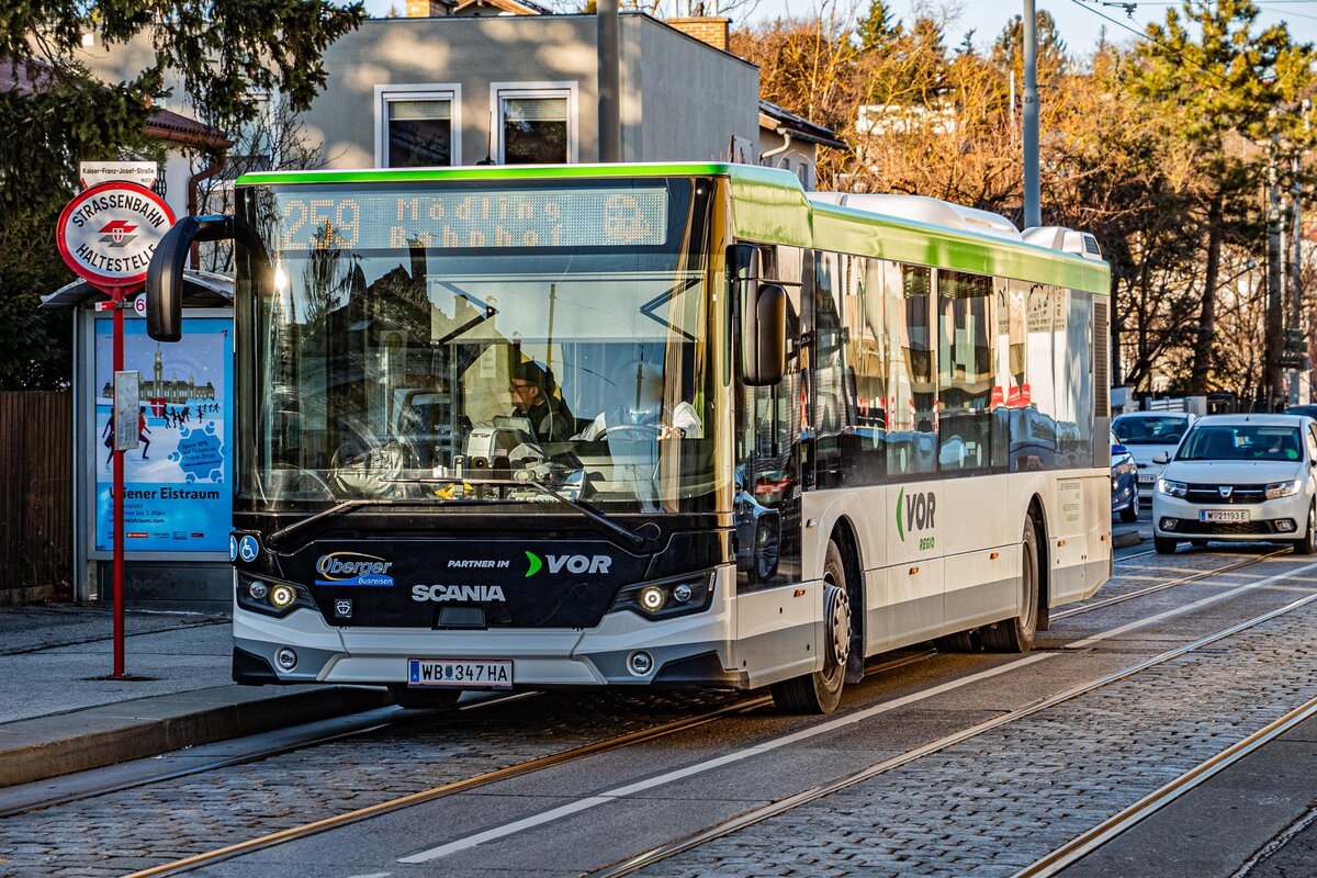20.1.2024: Einer von 5 Scania Citywide LF der Firma Oberger fährt auf der Linie 259 nach Mödling.