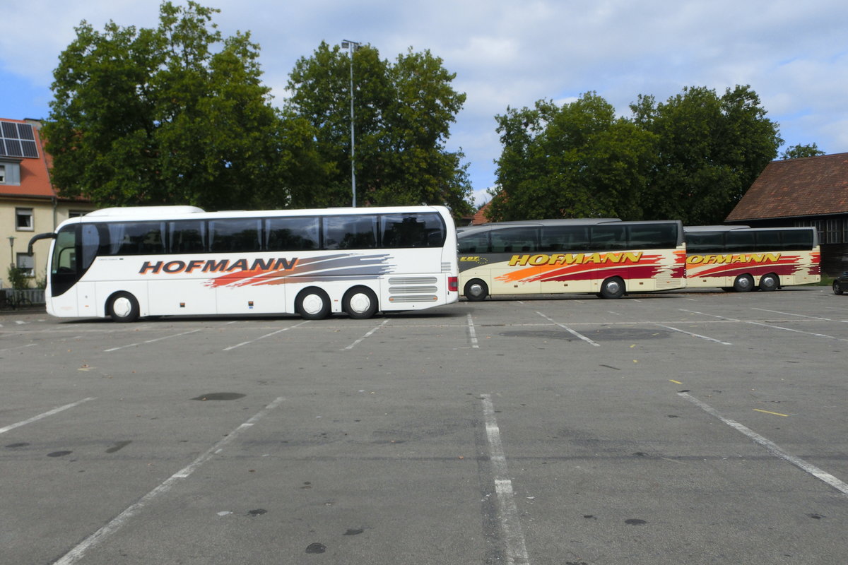 3 Reisebusse von Hofmann Reisen am 25.09.2015 in Landau/Pfalz. Links ein MAN Lion's Coach, dahinter 2 Mercedes Benz Travego 