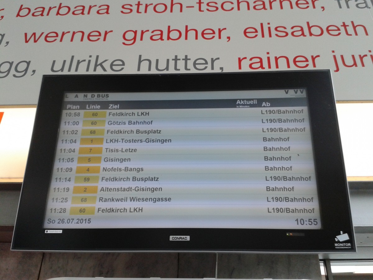 Abfahrtsmonitor der Haltestelle Feldkirch Bahnhof am 25.7.2015