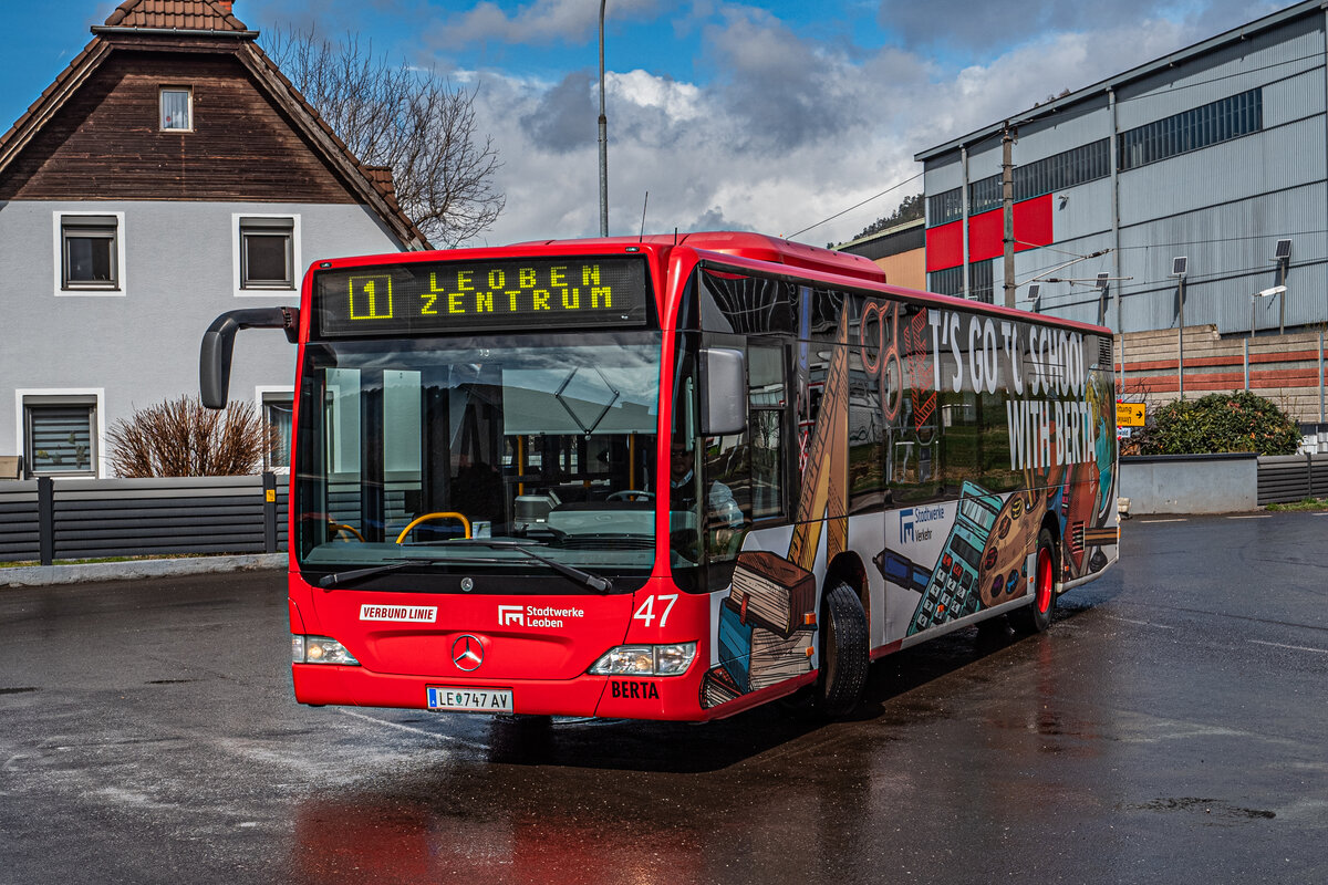 Am 16.3.2024 veranstalteten die Stadtwerke Leoben eine Fotofarht mit ihrem Citaro Facelift. Hier steht der Bus gerade in der Schleife Donawitz