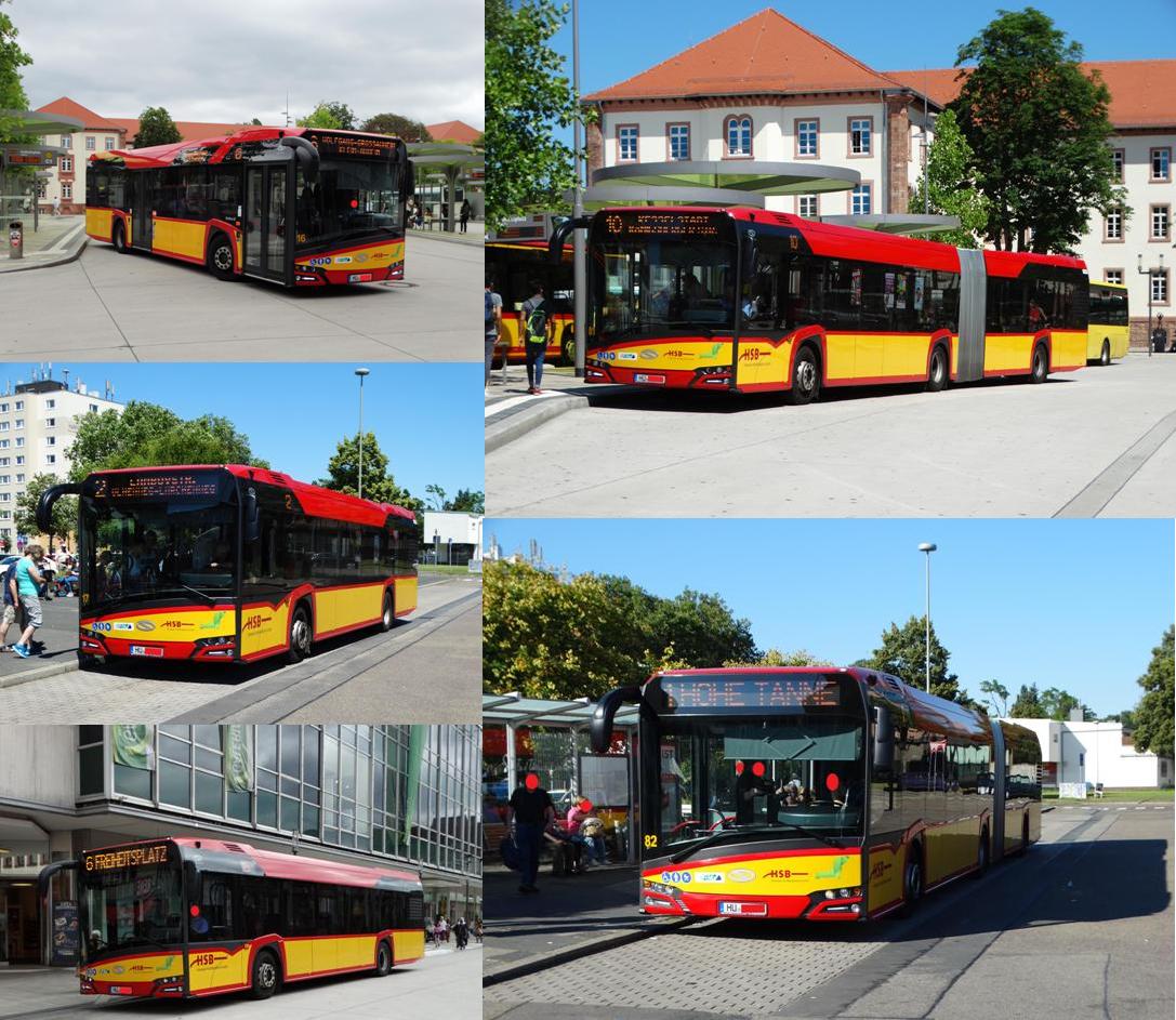 Auf dieser Collage kann man alle neuen Hanauer Straßenbahn Solaris Urbino sehen. Es sind die Wagen 16,17,18 (Solaris Urbino 12) und 81,82 (Solaris Urbino 18). Alle wurden im Jahr 2016 in Hanau fotografiert 