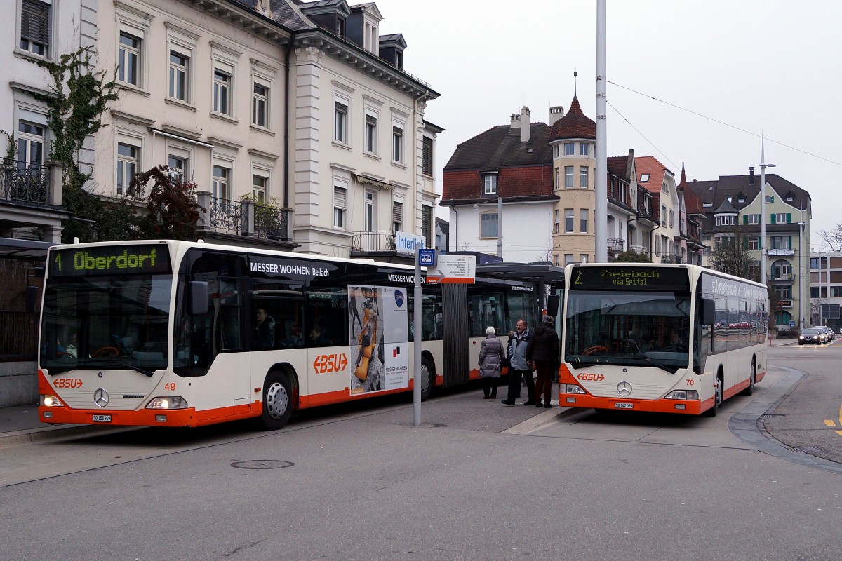BSU: MERCEDES CITARO Gelenkbus 49 der Linie 1 und MERCEDES CITARO 70 der Linie 2 in Solothurn HB am 18. Januar 2014.
Foto: Walter Ruetsch 