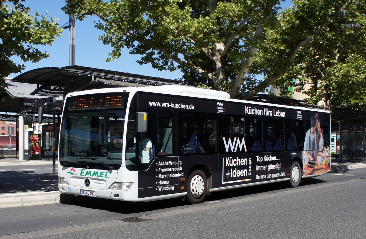 Bus Aschaffenburg / Verkehrsgemeinschaft am Bayerischen Untermain (VAB): Mercedes-Benz Citaro Facelift Ü von Emmel Reisen, aufgenommen Anfang Juli 2018 am Hauptbahnhof in Aschaffenburg.