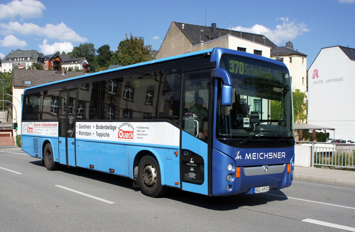 Bus Aue / Bus Erzgebirge: Renault Ares vom Omnibusbetrieb E. Meichsner GmbH, aufgenommen im Juli 2018 im Stadtgebiet von Aue (Sachsen).