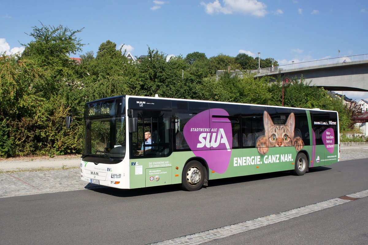 Bus Aue / Bus Erzgebirge: MAN Lion's City Ü der RVE (Regionalverkehr Erzgebirge GmbH), aufgenommen im Juli 2018 am Bahnhof von Aue (Sachsen).