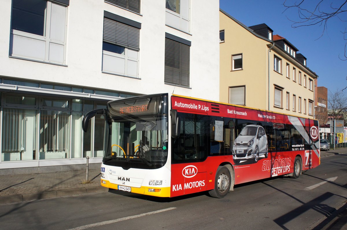 Bus Bad Kreuznach: MAN Lion's City der Verkehrsgesellschaft mbH Bad Kreuznach (VGK). Aufgenommen im Januar 2017 am Bahnhof von Bad Kreuznach.