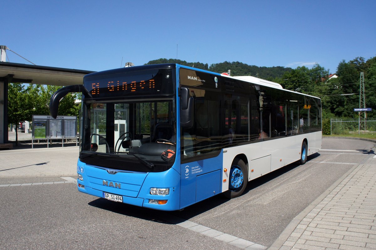 Bus Geislingen an der Steige / Filsland Mobilitätsverbund GmbH: MAN Lion's City von Sihler GmbH Omnibusverkehr, aufgenommen im Juni 2016 am Bahnhof von Geislingen an der Steige.