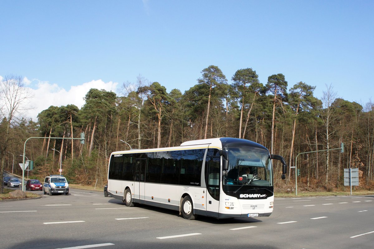 Bus Kaiserslautern / Verkehrsverbund Rhein-Neckar: MAN Lion's Regio von Schary-Reisen GbR (Lackierung: Busverkehr Oder-Spree GmbH), aufgenommen im Februar 2018 im Stadtgebiet von Kaiserslautern.