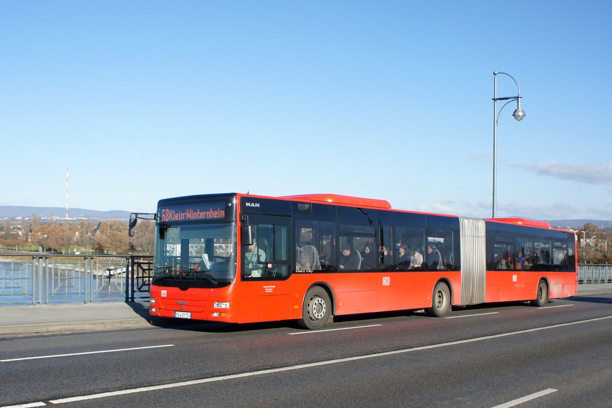 Bus Mainz: MAN Lion's City G der Südwest Mobil GmbH (Rhein-Nahe-Bus / ORN), aufgenommen im November 2016 auf der Theodor-Heuss-Brücke zwischen der hessischen Landeshauptstadt Wiesbaden und der rheinland-pfälzischen Landeshauptstadt Mainz.