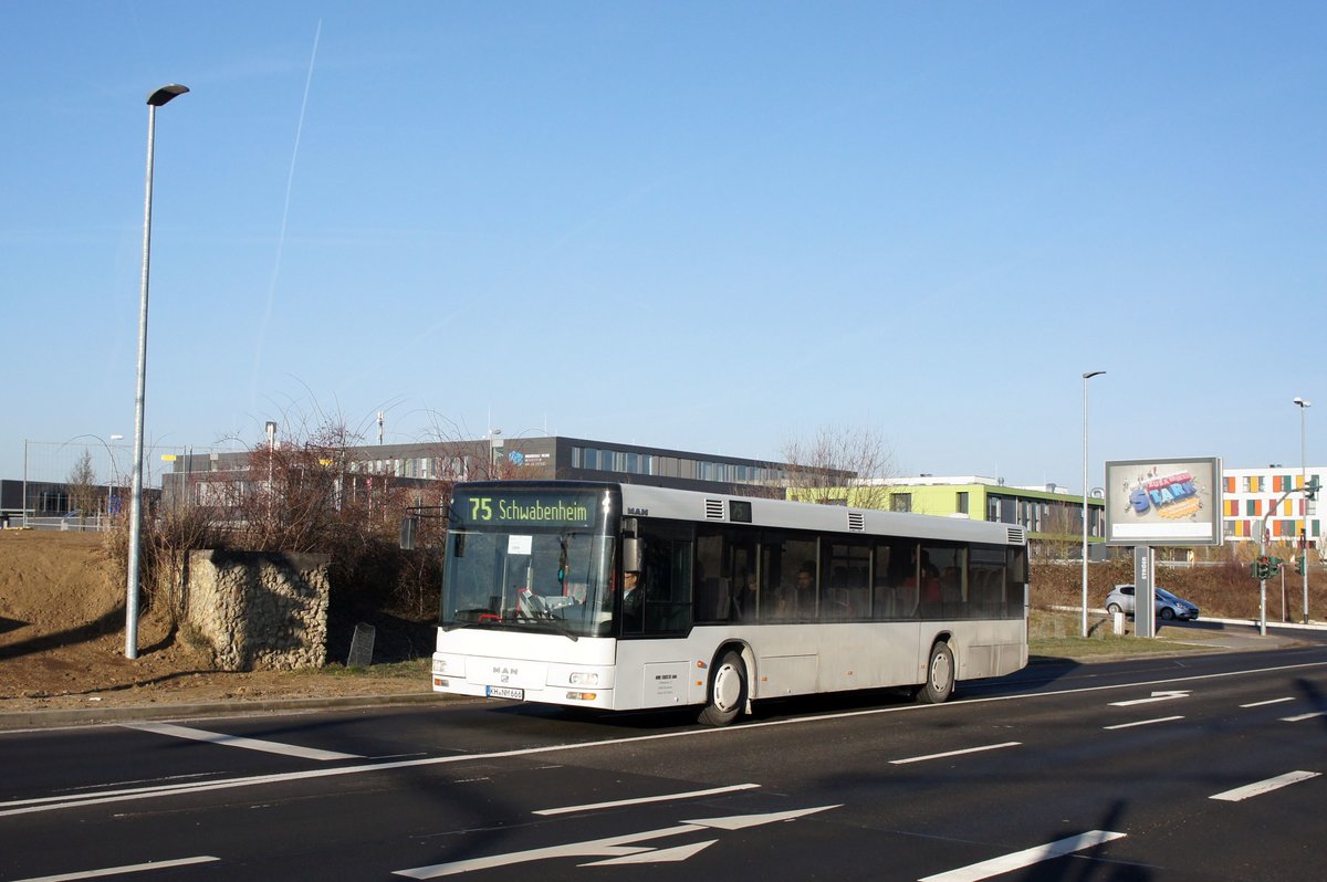 Bus Mainz: MAN NÜ vom Busunternehmen Wink Touristik GmbH, unterwegs im Auftrag des Omnibusverkehr Rhein-Nahe (ORN) / Rhein-Nahe-Bus. Aufgenommen im Januar 2017 in der Nähe der Haltestelle  Hochschule Mainz  in Mainz.