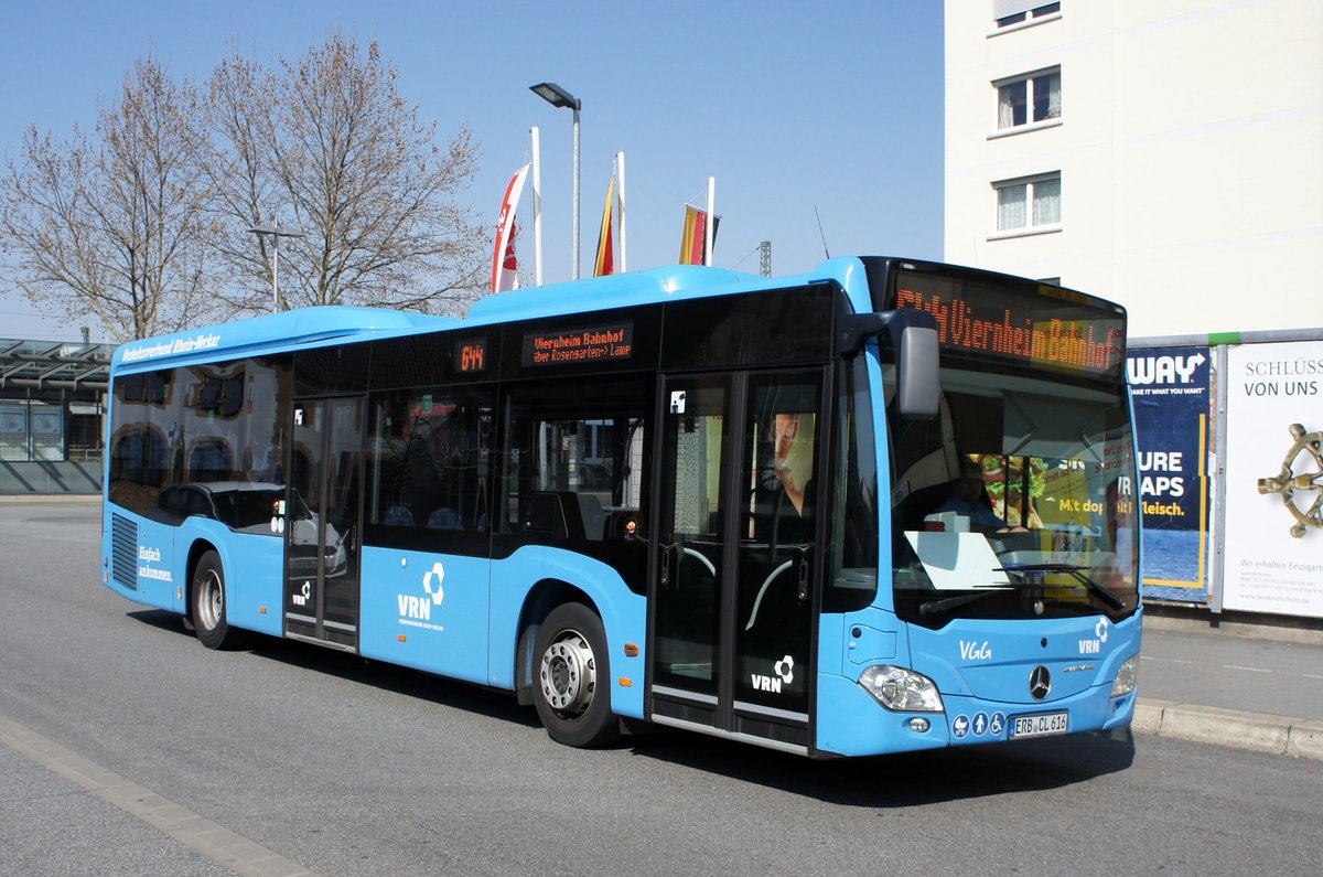 Bus Worms / Verkehrsverbund Rhein-Neckar: Mercedes-Benz Citaro C2 LE der Verkehrsgesellschaft Gersprenztal mbH (VGG), aufgenommen im Mrz 2019 am Hauptbahnhof in Worms.