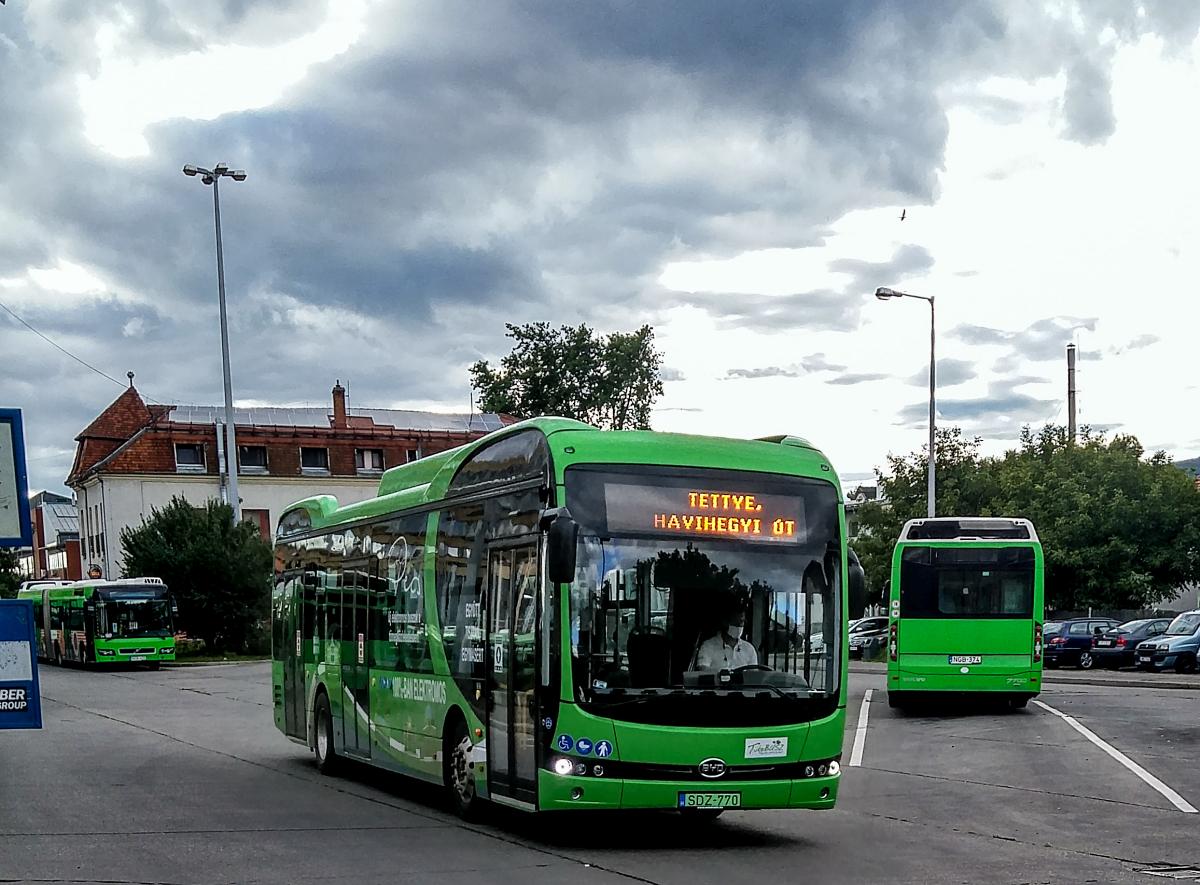 BYD eBus vom Pécser Verkehrsgesellschaft (genannt als  Tüke Busz ). Die Stadt hat 2020 mit EU- und Landesunterstützung 10 solche Vollelektrische Busse gekauft. Foto: Sept. 2020.