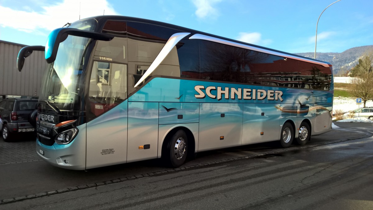 Der neue Setra 515 HDH (SO 21723) beim Firmensitz in Langendorf, Schneider Reisen und Transport AG, Langendorf, Aufgenommen am 14. Februar 2015