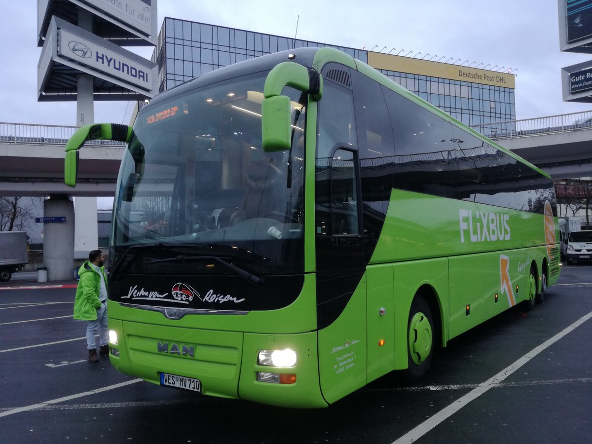 Ein MAN Lion's Coach von Verhuven Reisen in Flixbus-Lackierung. Aufgenommen am Frankfurter Flughafen | Januar 2018