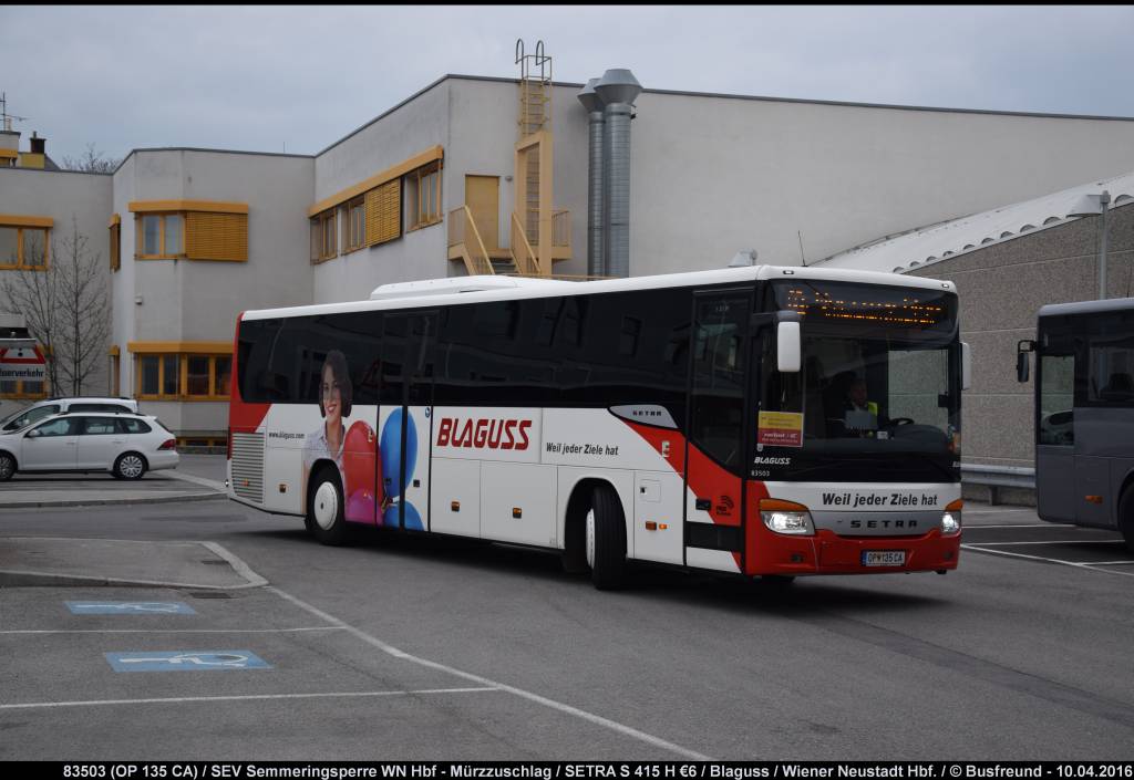 Ein SETRA S 415 H €6 der Fa. Blaguss Reisen (Wien) ist unterwegs als Schienenersatzverkehr zwischen Wiener Neustadt Hbf und Mürzzuschlag.