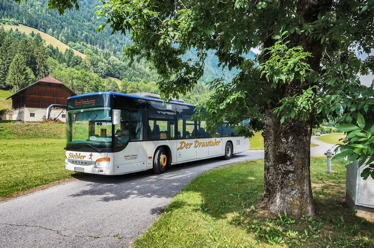 Ein Setra S 415 NF von Siebler Reisen, aufgenommen am 23.6.2017, bei einem Fotohalt nahe der Haltestelle Steinfeld im Drautal Volksschule.
Unterwegs war der Bus auf der Kfl. 5021, als Kurs 29 (Steinfeld im Drautal Volksschule - Oberdrauburg Bahnhof).