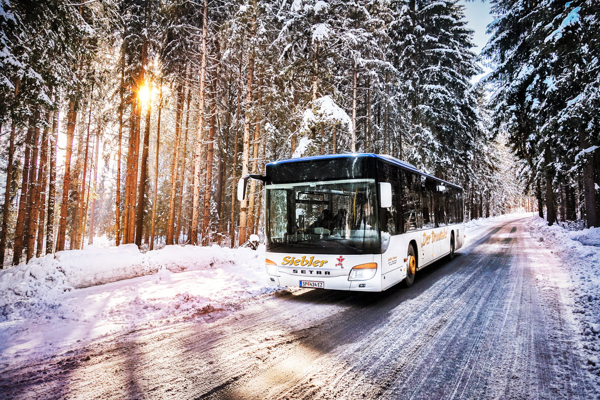 Ein SETRA S 415 NF von Siebler Reisen, durchfährt den winterlich verschneiten Wald, nahe der Haltestelle Berg im Drautal Lassin.
Unterwegs war der Bus auf der Kfl. 5021 als Kurs 11 (Oberdrauburg Bahnhof - Gerlamoos).
Aufgenommen am 8.2.2018.