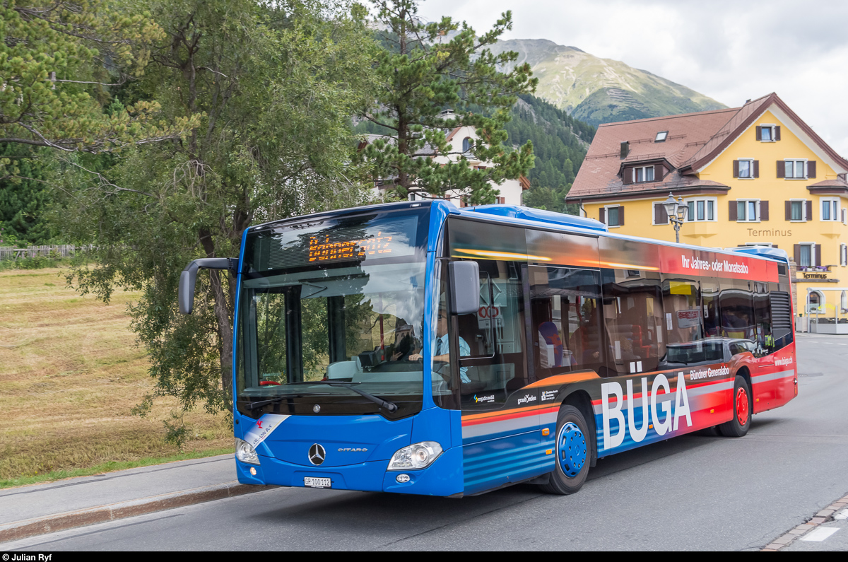 Engadin Bus Bahnersatzbus mit BÜGA-Werbung am 15. Juli 2017 beim Bahnhof Samedan.
