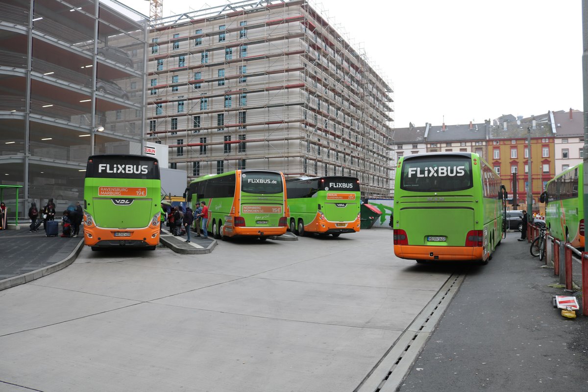 Flixbus Parade von hinten am 27.01.18 in Frankfurt am Main Busbahnhof (Südseite Hbf)