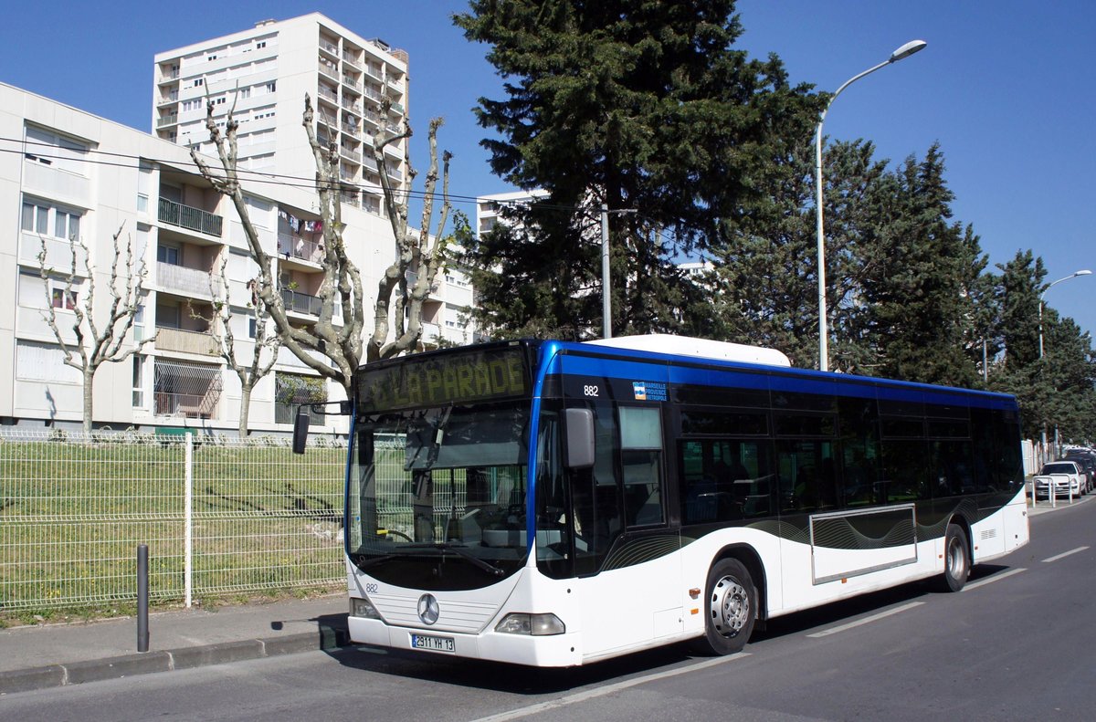 Frankreich / Stadtbus Marseille: Mercedes-Benz Citaro (Wagen 882) von RTM (Régie des Transports Metropolitains) Marseille, aufgenommen im April 2017 an der Metrostation  La Rose - Technopôle de Château-Gombert  in Marseille.