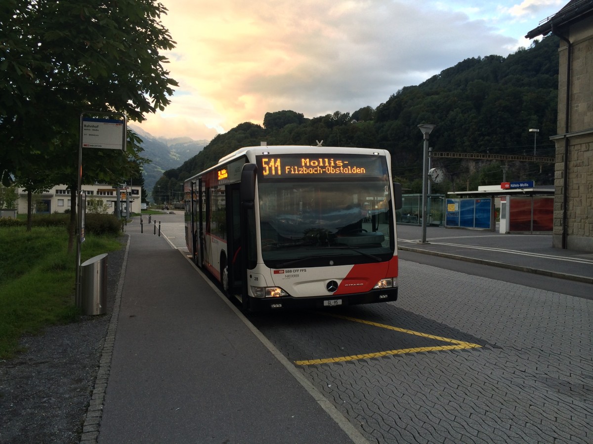 GlarnerBus/ NIEDERER AUTOBETRIEB, Mercedes-Benz Citaro(GL 95/ Nr. 28) am 30.08.2014 beim Bahnhof Näfels-Mollis. Der Bus verkehrte auf der Linie 511 nach Filzbach-Obstalden. 
