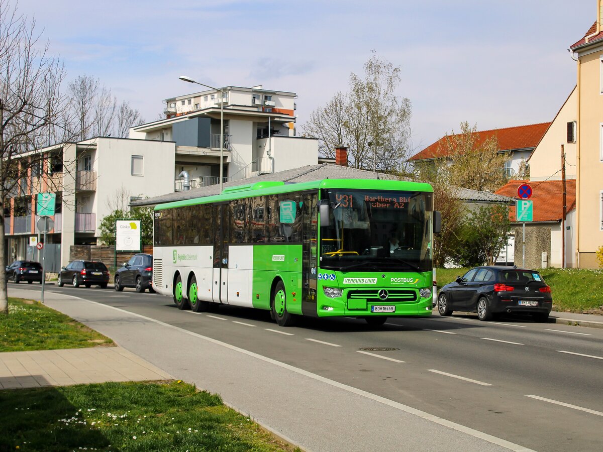 Graz. Am 07.04.2023 war der Postbus BD 16449 auf der Linie X31 nach Hartberg unterwegs. Hier ist der Intouro in der Münzgrabenstraße zu sehen.