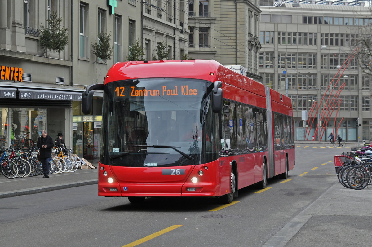 Hess Trolleybus 26 fährt im Speicherbetrieb Richtung Haltestelle Hirschengraben. Die Aufnahme stammt vom 19.12.2018.