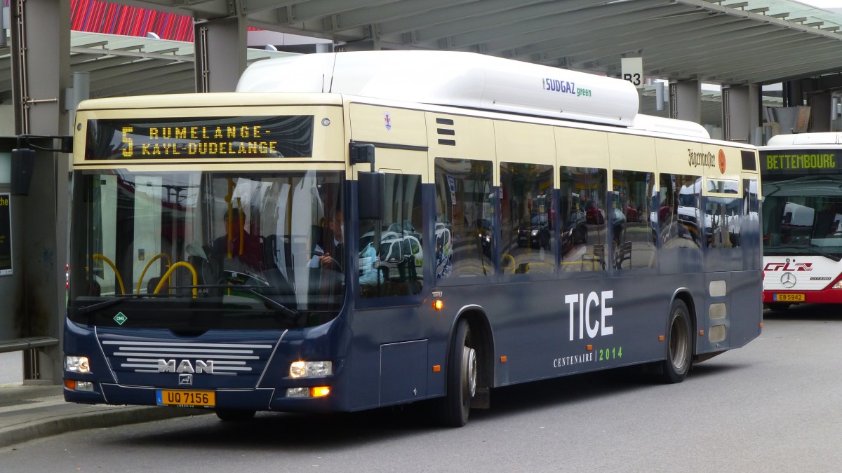 Luxemburg, Esch, TICE Bus Neoman im Retrolook zum 100. Jahrestag der TICE Gründung.   MODELL: NL 313/A21 Lions City CNG - MOTOR: MAN E08. 06.11.14