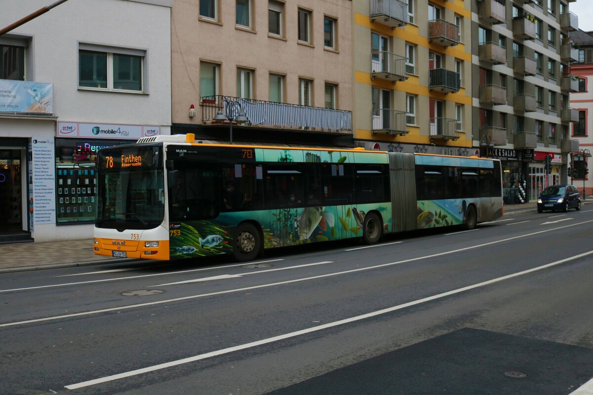 Mainzer Mobilität MAN Lions City Wagen 753 am 31.12.21 in Mainz Innenstadt