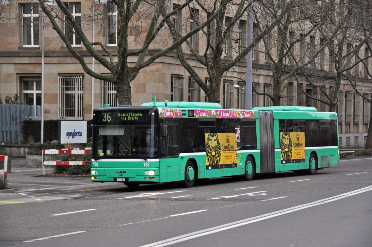 MAN Bus 760 auf der Linie 36 fährt zur Haltestelle am Badischen Bahnhof. Die Aufnahme stammt vom 26.12.2014.
