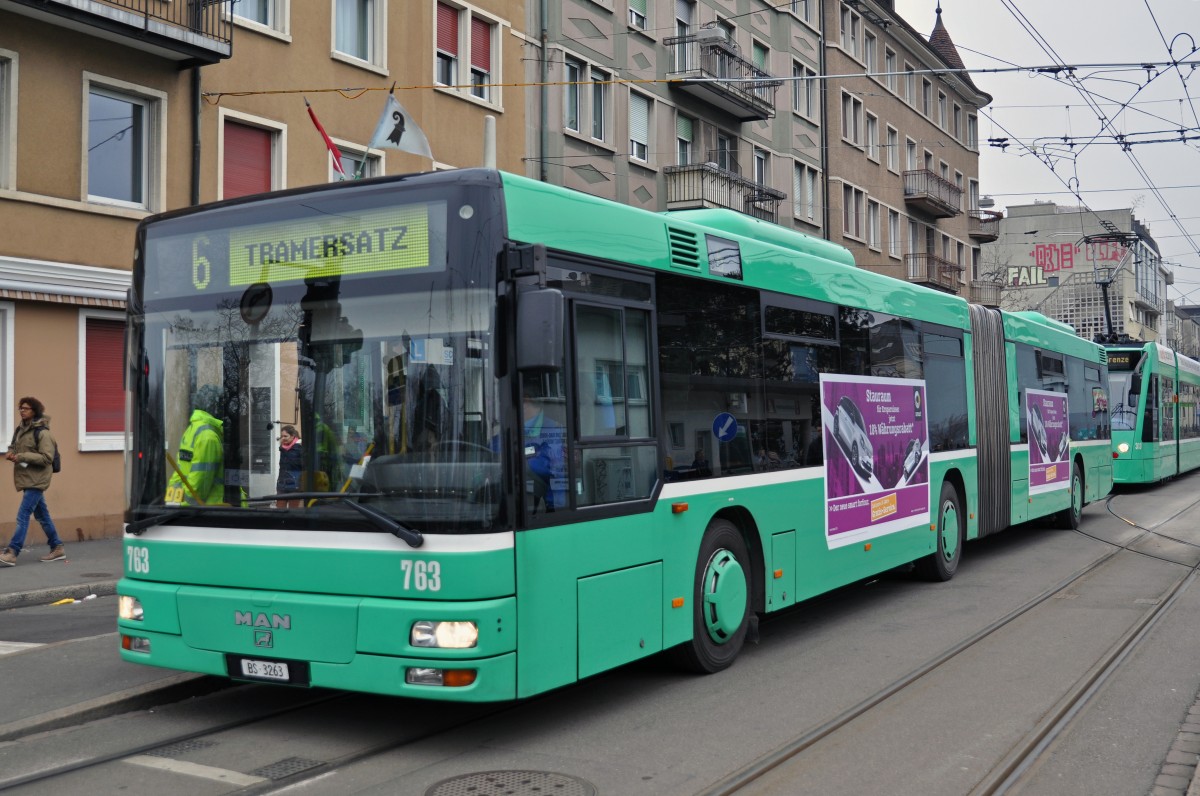 MAN Bus 763 beim Tramersatz für die Linie 6, die wegen der Fasnacht in Allschwil beim Depot Morgartenring wenden musste. Die Aufnahme stammt vom 15.02.2015.