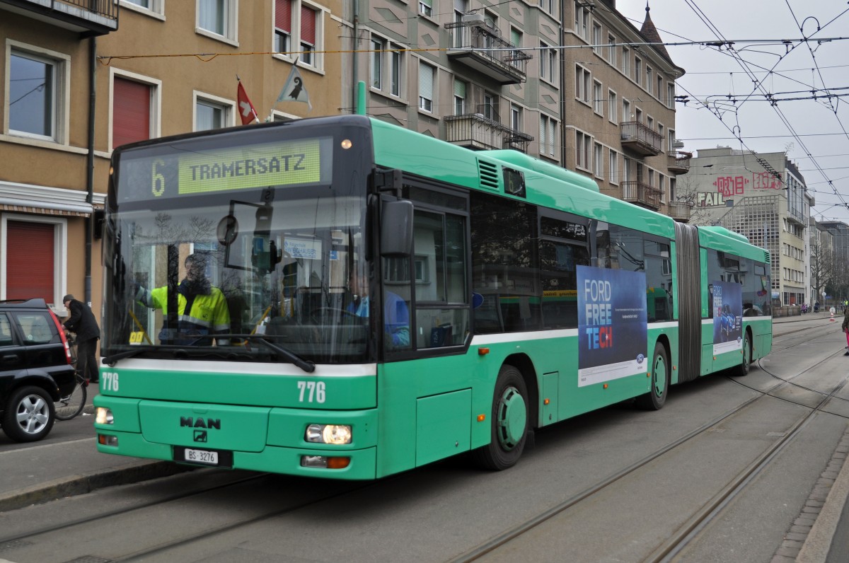 MAN Bus 776 beim Tramersatz für die Linie 6, die wegen der Fasnacht in Allschwil beim Depot Morgartenring wenden musste. Die Aufnahme stammt vom 15.02.2015.