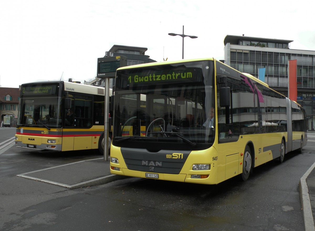 MAN Bus mit der Betriebsnummer 145 plus 105 am Bahnhof Thun. Die Aufnahme stammt vom 09.10.2013.