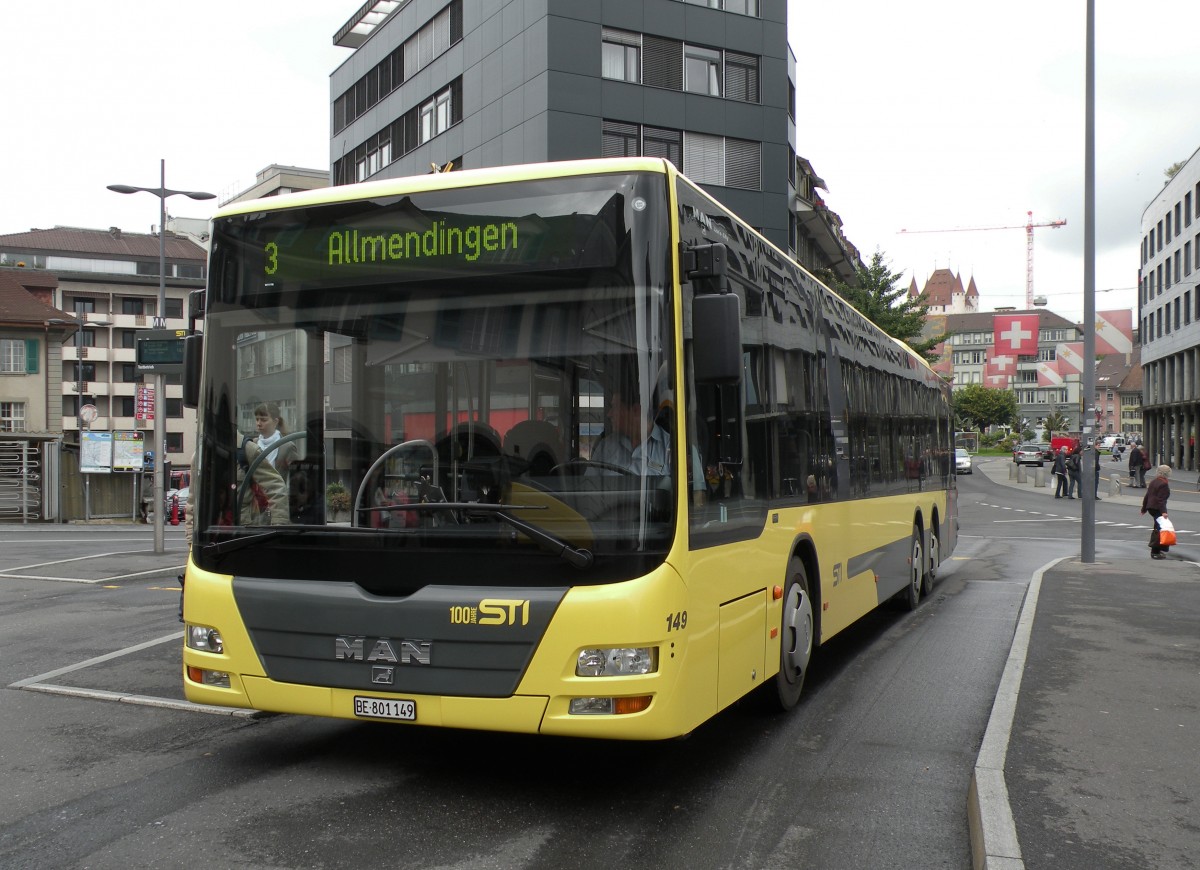 MAN Bus mit der Betriebsnummer 149 auf der Linie 3 am Bahnhof Thun. Die Aufnahme stammt vom 09.10.2013.