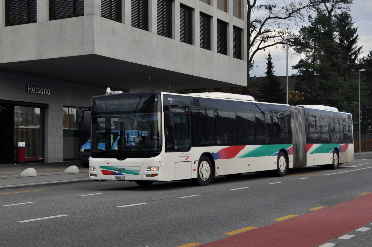 MAN Bus mit der Betriebsnummer 42 auf der Linie 5 am Bahnhof Solothurn. Die Aufnahme stammt vom 08.11.2012.