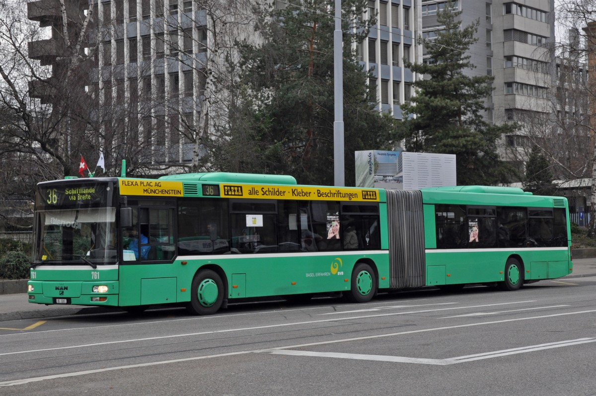 MAN Bus mit der Betriebsnummer 761 auf der Linie 36 am Badischen Bahnhof in Basel. Die Aufnahme stammt vom 22.02.2014.