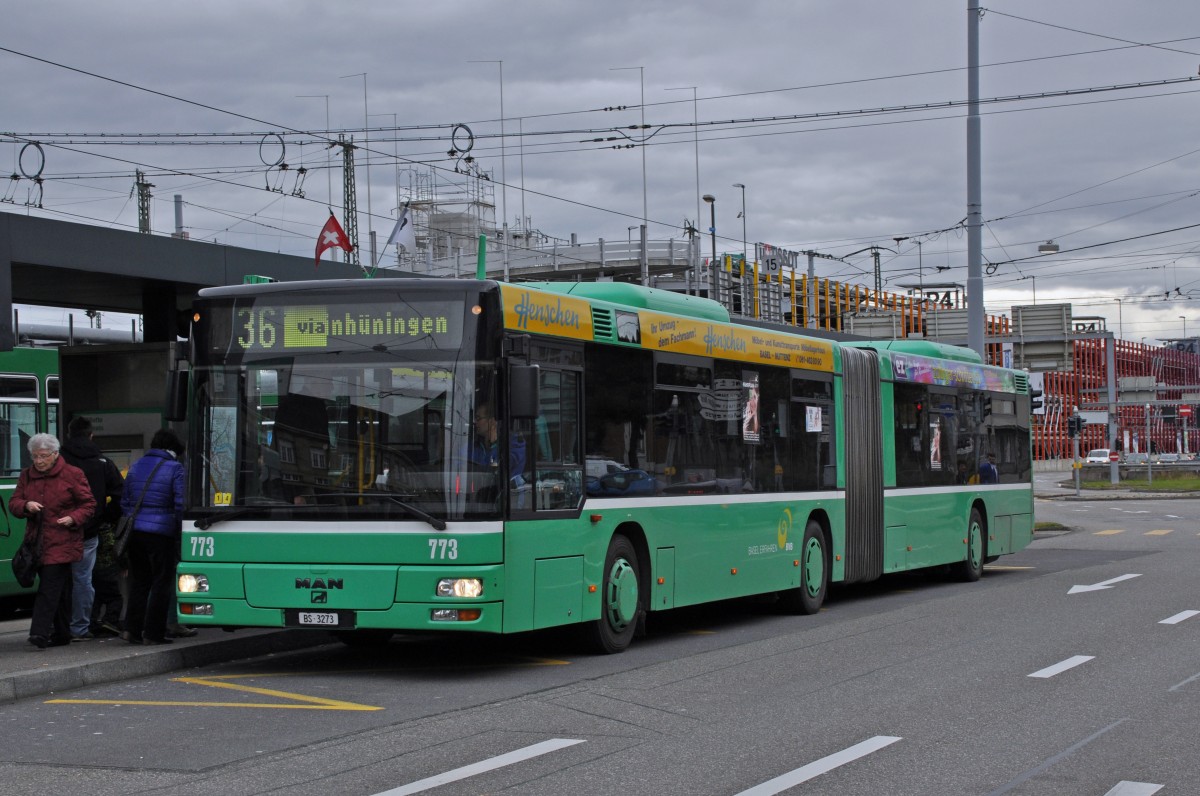 MAN Bus mit der Betriebsnummer 773 auf der Linie 36 am Badischen Bahnhof in Basel. Die Aufnahme stammt vom 22.02.2014.